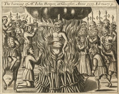 De verbranding van John Hooper in Glaucester, 9 februari 1555 (gravure) door English School