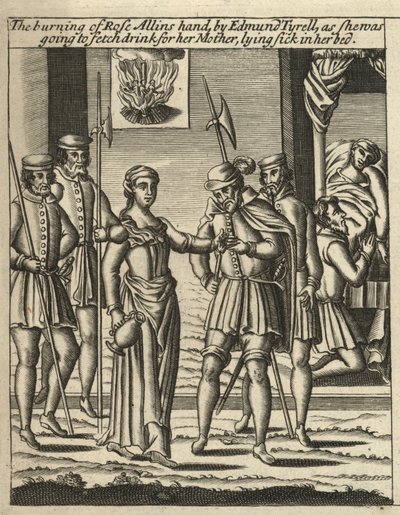 De verbranding van Rose Allins hand door Edmund Tyrell (gravure) door English School