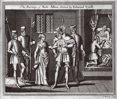 Het verbranden van de hand van Rose Allin door Edmund Tyrill, illustratie uit Foxes Martelaren ca. 1703 door English School