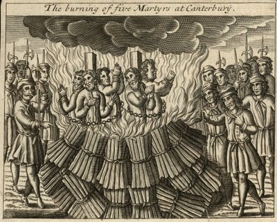 De verbranding van vijf martelaren in Canterbury (gravure) door English School