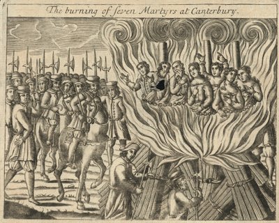 De verbranding van zeven martelaren in Canterbury (gravure) door English School