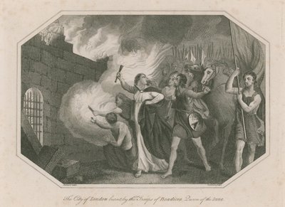 De stad Londen verbrand door de troepen van Boadicea, koningin van de Iceni door English School
