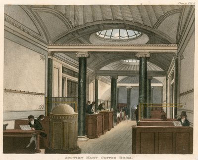 De koffiekamer van de Auction Mart, St Bartholomews Lane, Londen door English School