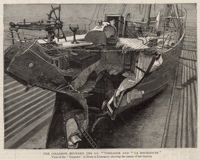 De botsing tussen de SS Toreador en La Bourgogne; uitzicht op de Toreador in dok in Liverpool door English School