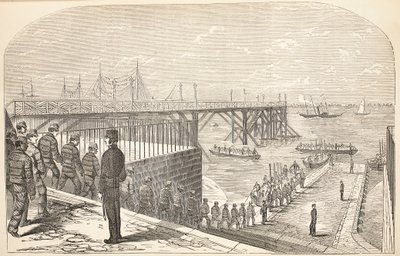 De gevangenen keren terug naar de hulks van hun arbeid in het Arsenal, illustratie uit The Criminal Prisons of London and Scenes from Prison Life door Henry Mayhew en John Binny, uitgegeven in 1862 door English School