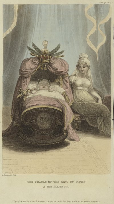 De wieg van de Koning van Rome en Zijne Majesteit (kleurgravure) door English School