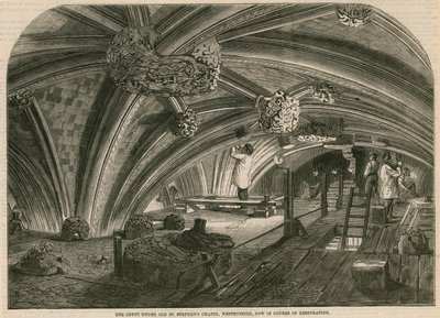 De crypte onder de oude St. Stephens kapel, Westminster, nu in restauratie door English School