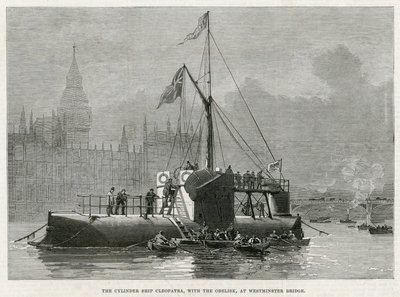 Het cilinderschip Cleopatra, met de obelisk, bij Westminster Bridge door English School