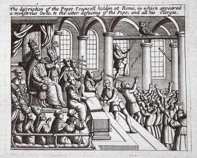 De beschrijving van het concilie van de paus gehouden in Rome, waarin een monsterlijke uil verscheen, tot de volledige vernietiging van de paus en al zijn geestelijkheid, illustratie uit Handelingen en Monumenten van John Foxe, negende editie door English School