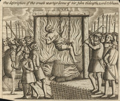 De beschrijving van het wrede martelaarschap van Sir John Oldcastle, Lord Cobham (gravure) door English School
