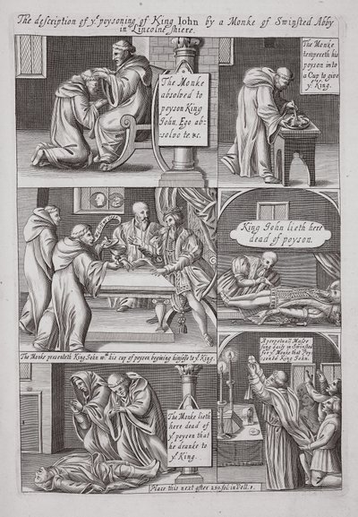 De beschrijving van de vergiftiging van koning Jan door een monnik van Swinstead Abbey in Lincolnshire, illustratie uit Handelingen en Monumenten van John Foxe, negende editie, uitgegeven 1684 door English School