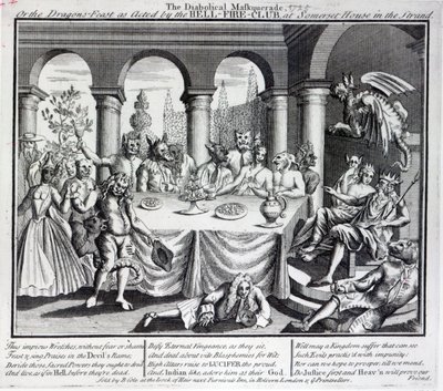 Het duivelse masker, of het drakenfeest zoals uitgevoerd door de Hell-Fire-Club, in Somerset House in de Strand, c.1721 door English School