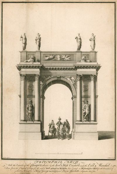 De entree van de kampioen, vergezeld door de Lord High Constable en de Earl Marshal, door de triomfboog door English School