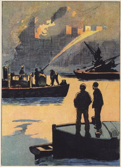 De brandweer aan het werk op de rivier door English School