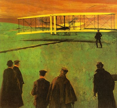 De eerste vlucht door de Gebroeders Wright bij Kitty Hawk door English School