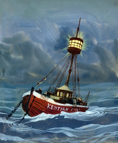 Het eerste lichtschip geplaatst nabij de Nore zandbank in 1732 door English School