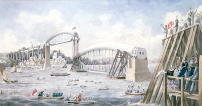 Het drijven van de laatste overspanning van de Royal Albert Bridge, Saltash door English School