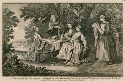 De waarzegster die koffiedik leest naar een origineel schilderij in Vauxhall Gardens, Londen door English School