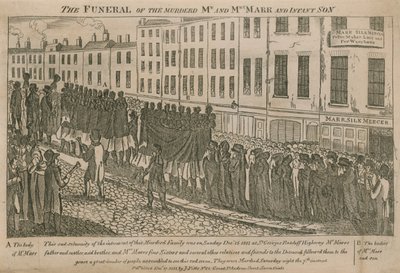 De begrafenis van de vermoorde heer en mevrouw Parr en zoontje (gravure) door English School