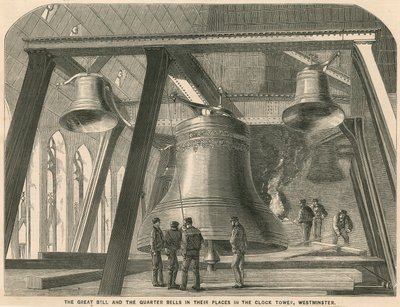 De grote klok en de kwartklokken op hun plaats in de klokkentoren, Westminster door English School