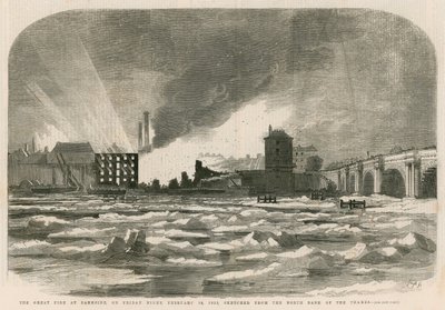 De grote brand bij Bankside op vrijdagavond, 14 februari 1855, geschetst vanaf de noordelijke oever van de Theems door English School