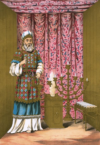 De hogepriester, met zijn efod en borstschild, in de heilige plaats door English School
