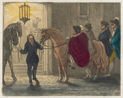 De nederige situatie van Shakespeare (gekleurde gravure) door English School