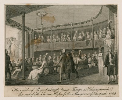 Het interieur van het Brandenburgh House Theatre in Hammersmith door English School