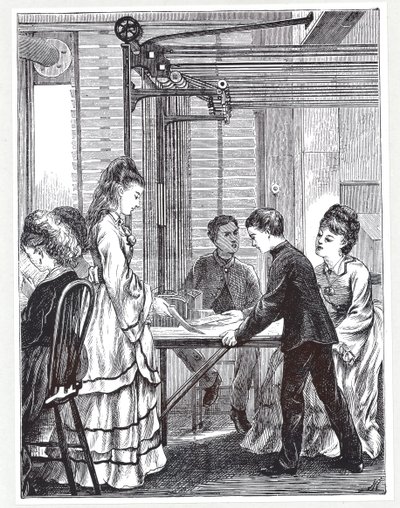 De instrumenten voor het verzenden van berichten bij het Post Office Telegraph Headquarters, Telegraph Street, Londen, uit The Graphic, 1871 door English School