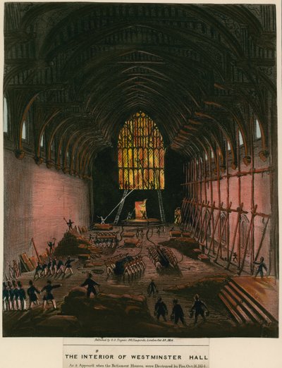 Het interieur van Westminster Hall zoals het verscheen toen de Parlementsgebouwen door brand werden vernietigd door English School