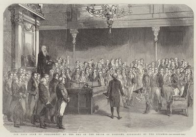 De overleden Hertog van Wellington aan de balie van het Lagerhuis, toegesproken door de voorzitter door English School