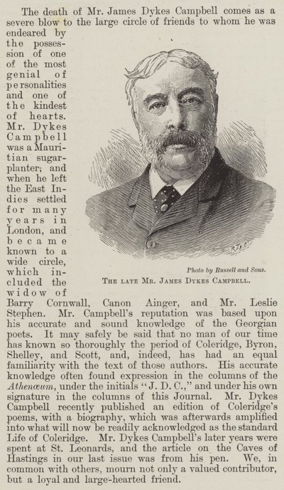 De overleden Mr James Dykes Campbell (gravure) door English School
