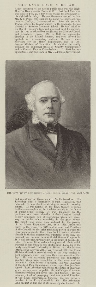 De overleden Eerwaarde Henry Austin Bruce, Eerste Lord Aberdare door English School