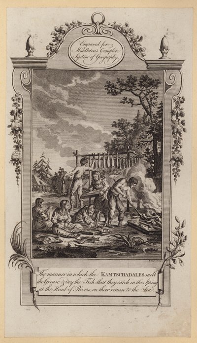 De manier waarop de Kamtschadalen het vet smelten en de vis drogen die ze in de lente vangen aan de kop van rivieren, op hun terugkeer naar de zee (gravure) door English School