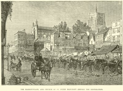 De markt en Kerk van St Peter Mancroft, voor de restauratie door English School