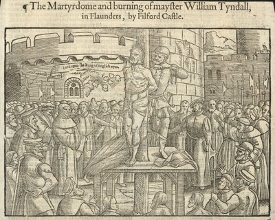 Het martelaarschap en de verbranding van William Tyndall in Flaunders bij Filford Castle (gravure) door English School
