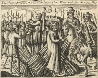 Het martelaarschap van John Cardmaker en John Warne, Upholsterer, 30 mei 1555 (gravure) door English School