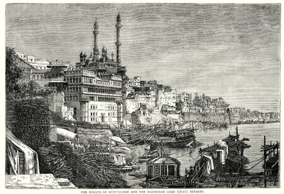 De moskee van Aurungzebe en de Madhoray ghat Benares (gravure) door English School