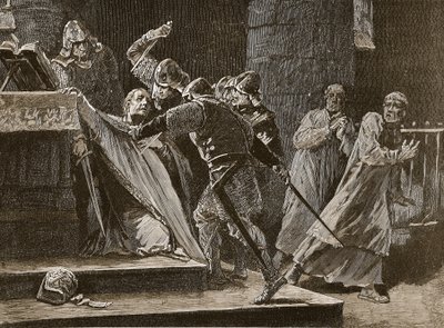 De moord op Becket in de kathedraal van Canterbury, illustratie uit Cassells Illustrated History of England door English School