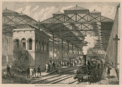 Het nieuwe station van de Metropolitan en London, Chatham en Dover spoorweg, Farringdon Road, Londen door English School