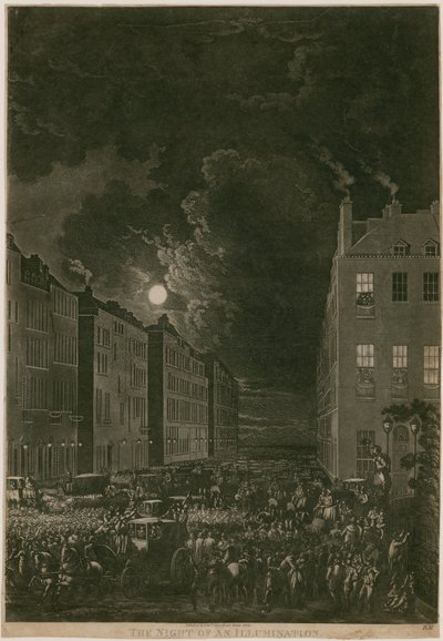 De nacht van een verlichting, 29 april 1802; Portman Square, Londen door English School
