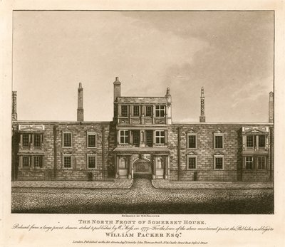 De noordelijke gevel van Somerset House, The Strand, Londen, gebaseerd op een prent getekend door W. Moss in 1777 door English School
