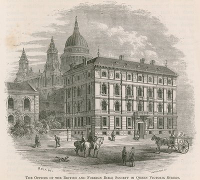 De kantoren van de Brits en Buitenlandse Bijbelgenootschap in Queen Victoria Street, Londen door English School