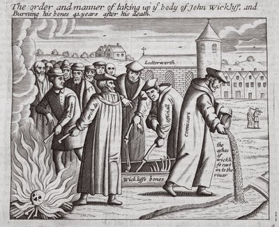 De orde en manier van het opgraven van het lichaam van John Wickliff, en het verbranden van zijn botten 44 jaar na zijn dood, illustratie uit Handelingen en Monumenten van John Foxe, negende editie, uitgegeven 1684 door English School