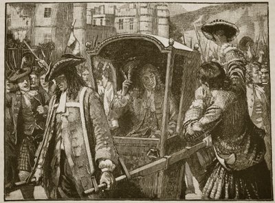 De mensen van Edinburgh begeleiden de hertog van Hamilton naar Holyrood Palace, illustratie uit Cassells Geïllustreerde Geschiedenis van Engeland door English School