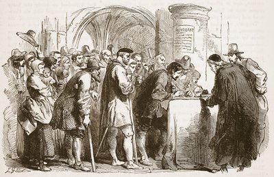 Het volk ondertekent het Verbond in de St. Giles kerk, Edinburgh, illustratie uit Cassells Geïllustreerde Geschiedenis van Engeland door English School