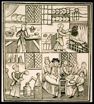De voorbereiding van taarten, pagina uit een 15e-eeuws kookboek door English School