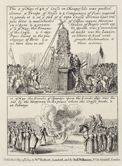 Het neerhalen van het Cheapside Cross door iconoclasten en puriteinen, en het verbranden van het Book of Sports op dezelfde plek de volgende zondag in mei 1643, 1809 door English School