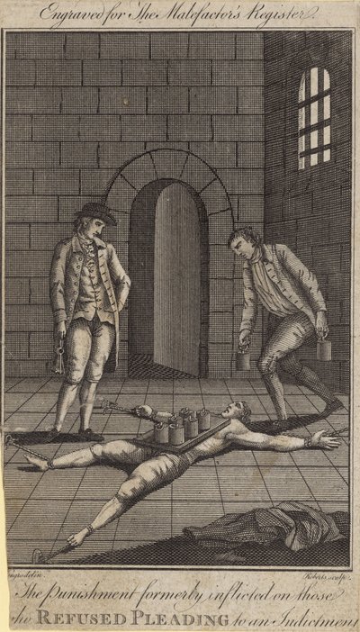 De straf die vroeger werd opgelegd aan degenen die weigerden te pleiten op een aanklacht (gravure) door English School