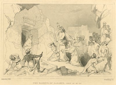 De opwekking van Lazarus, Johannes XI, 43-44 (gravure) door English School